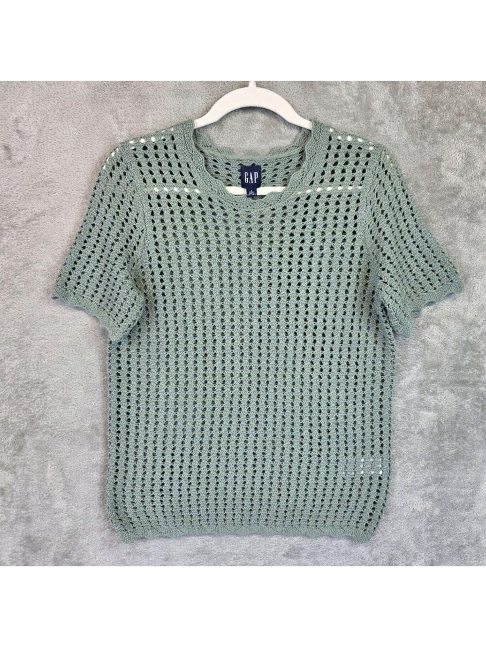 Gap T-Shirt Womens S Tall Green Crew Neck Short Sleeve Crochet Open Knit Sage